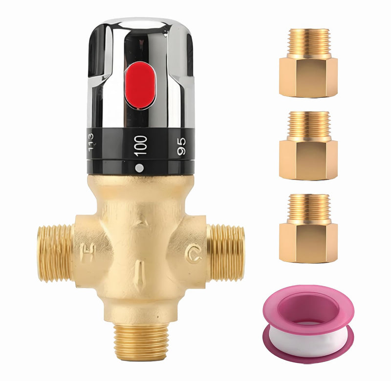 TreMax Thermostatic Mixing Valve, Shower Water Mixing Valve, With 1/2“G to 1/2‘’ NPT Connection Adaptors, Water Temperature Control Valve,Fahrenheit Scale Mark, Solid Brass (Golden) Golden