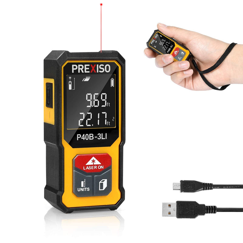 PREXISO Mini Laser Measurement Tool, 135Ft Rechargeable Laser Distance Meter Ft/Ft+in/in/M Unit, Laser Measure with High Accuracy, Pythagorean, Distance, Area, Volume Modes