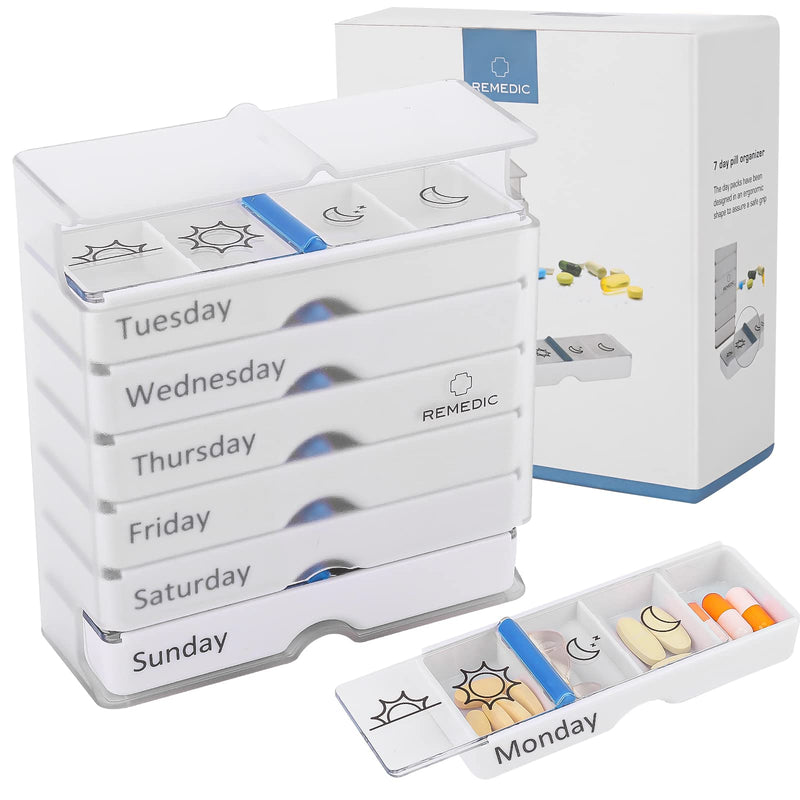 Weekly Pill Organizer 7 Day AM/PM – 4 Compartments per Day, Arthritis Friendly Pill Case with Better Grip Design, Medicine Planner for Vitamins, Supplements, and Medications – Easy to Use Pillbox White
