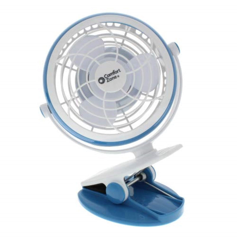 Comfort Zone Dual Base Combo Clip or Desk Fan, USB or Battery Powered, 4 inch, Single Speed Setting, Adjustable Tilt, Lightweight, Ideal for Home, Bedroom, Office, or Dorm, CZBT4BL Blue