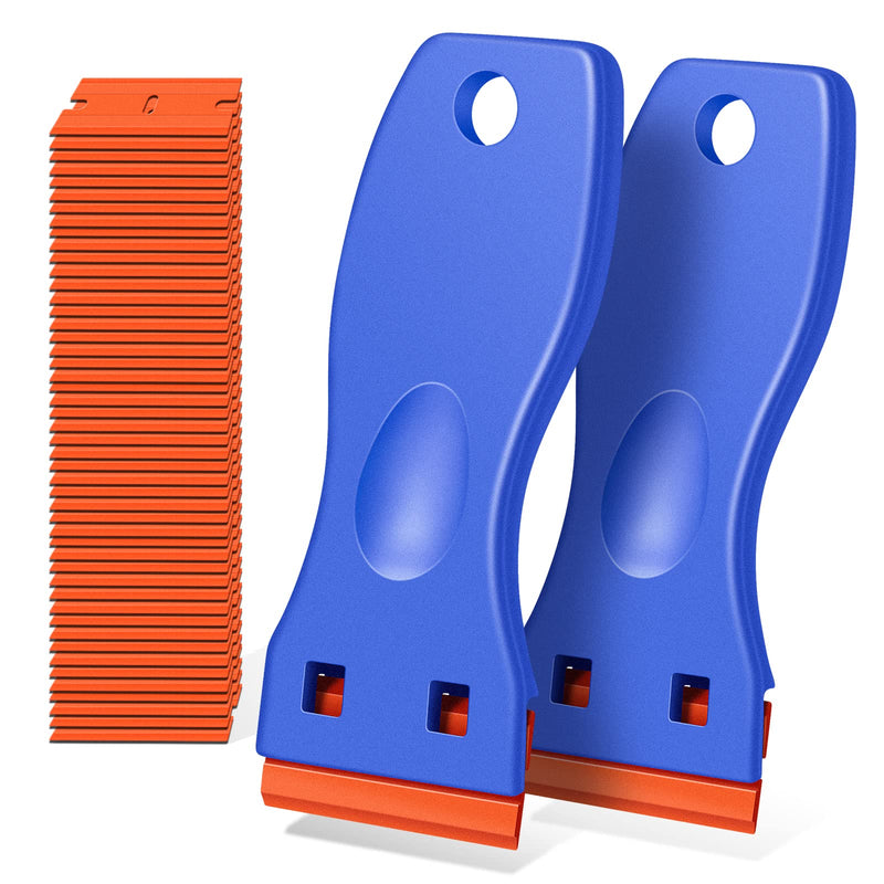 Plastic Razor Blade Scraper, 2 Pack Razor Scraper with 120 Pcs Razor Blades for Removing Glue, Sticker, Decals, Tint from Car Window and Glass(Blue) Blue-2PCS