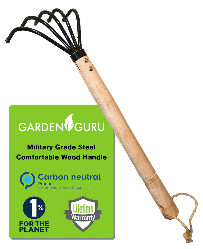 Garden Guru Hand Rake Cultivator Claw Soil Tiller - Military Grade Steel - Rust Resistant - 5 Tine Japanese Ninja Claw - Comfortable Wood Handle - Perfect Pulverized and Aerated Soil 1 Pack Long Handle