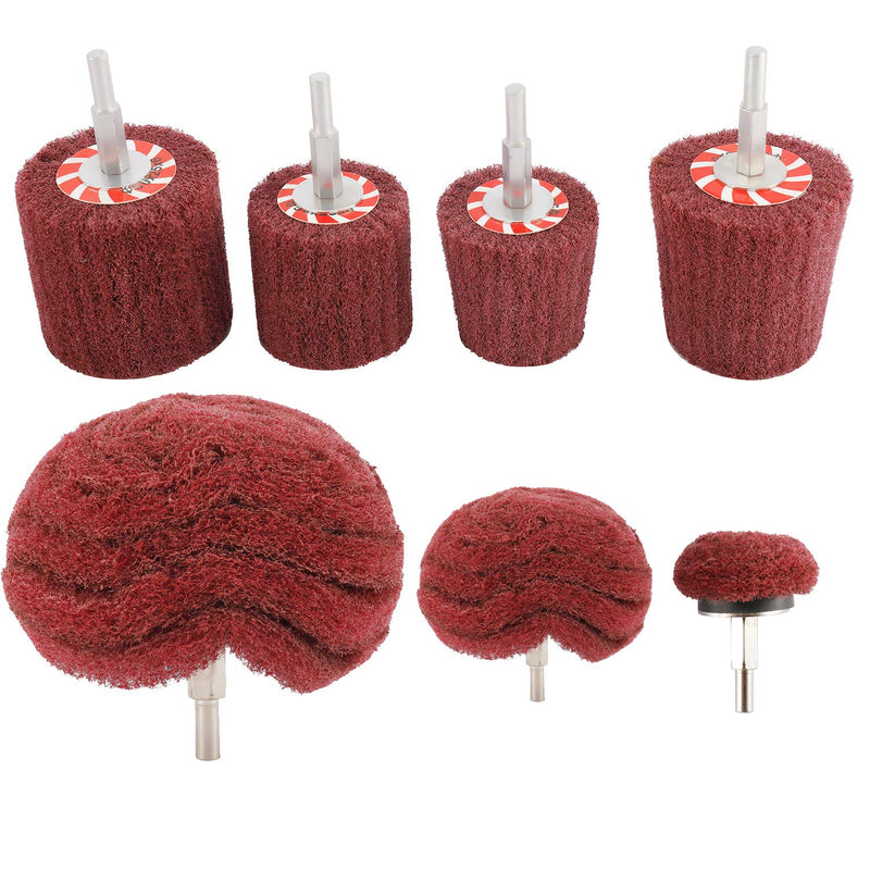 HighFree 7 PCS Non Woven Abrasive Buffing Polishing Wheels Drill Attachment Set - Scouring Pads Wheel with 1/4" Shank for Stainless Steel Copper Aluminum Wood-Wares (320 Grit Red) 320 Grit Red
