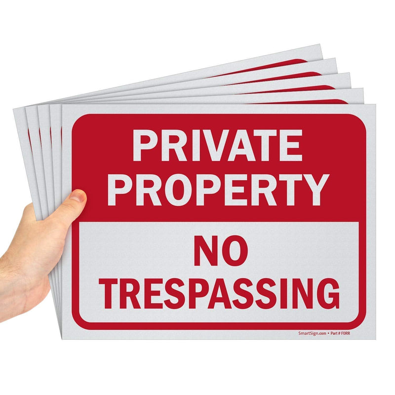 SmartSign Private Property No Trespassing Sign, 9" x 12" Polystyrene Plastic (Pack of 5) Screen Printed, 10 mil Polystyrene Plastic, Red and White, Made in USA Pack of 5