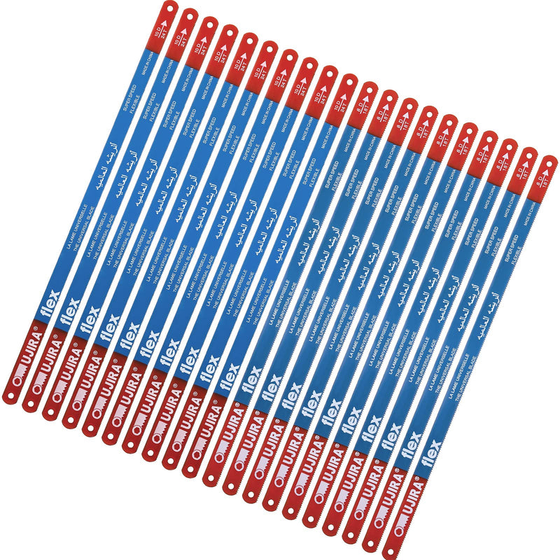 20 Pieces Hacksaw Replacement Blades Metal Cutting Hacksaw Blades with 18 Teeth and 24 Teeth Per Inch Blue Background with Supper Speed Letter