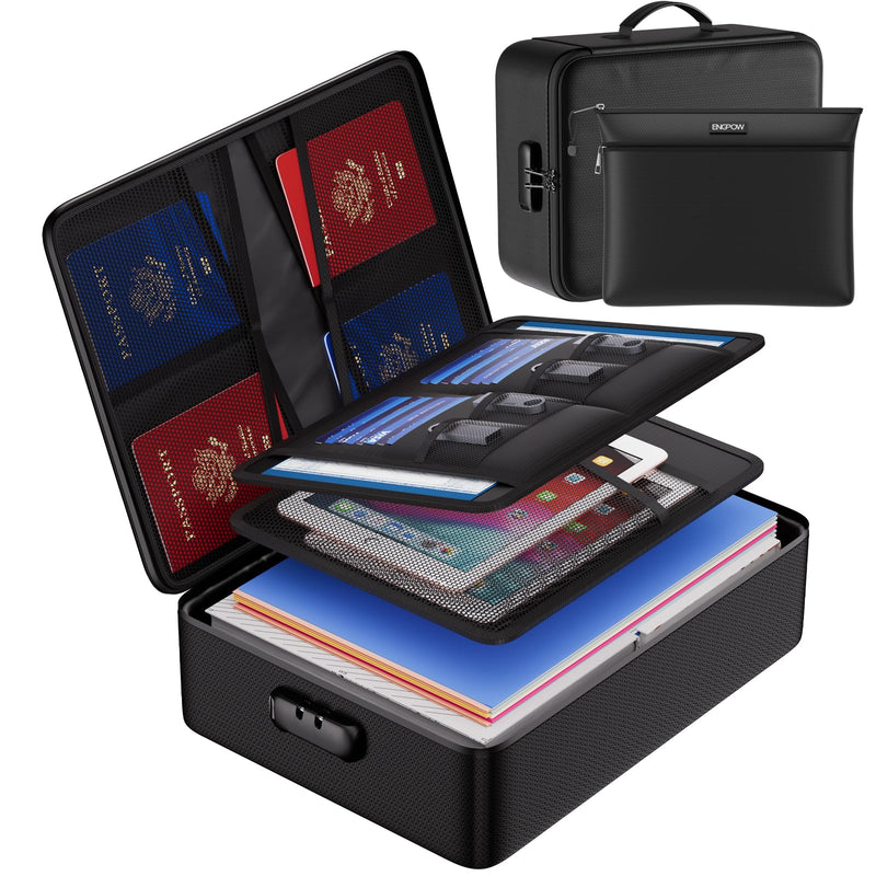 ENGPOW Fireproof Document Bag with Lock,File Organizer Set with Zipper Money Case,5 Layers Protection Fireproof Safe Storage for Important Documents,Passport,Laptop,14.2"*10.6"*4",Soft Case Black