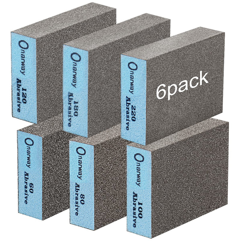 Onarway Sanding Blocks 6 Pack Wet and Dry Dual-use Sanding Sponges, Coarse and Fine - 60/80/100/120/180/220 Grits 6 Different Specifications, Washable and Reusable, Ideal for Wood Metal Wall Polish Kit-6PCS