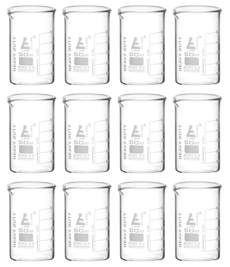 EISCO 12PK Heavy Duty Beakers, 50ml - 2.2mm Thick, Uniform Walls - Superior Durability & Chemical Resistance - White Graduations - Borosilicate 3.3 Glass
