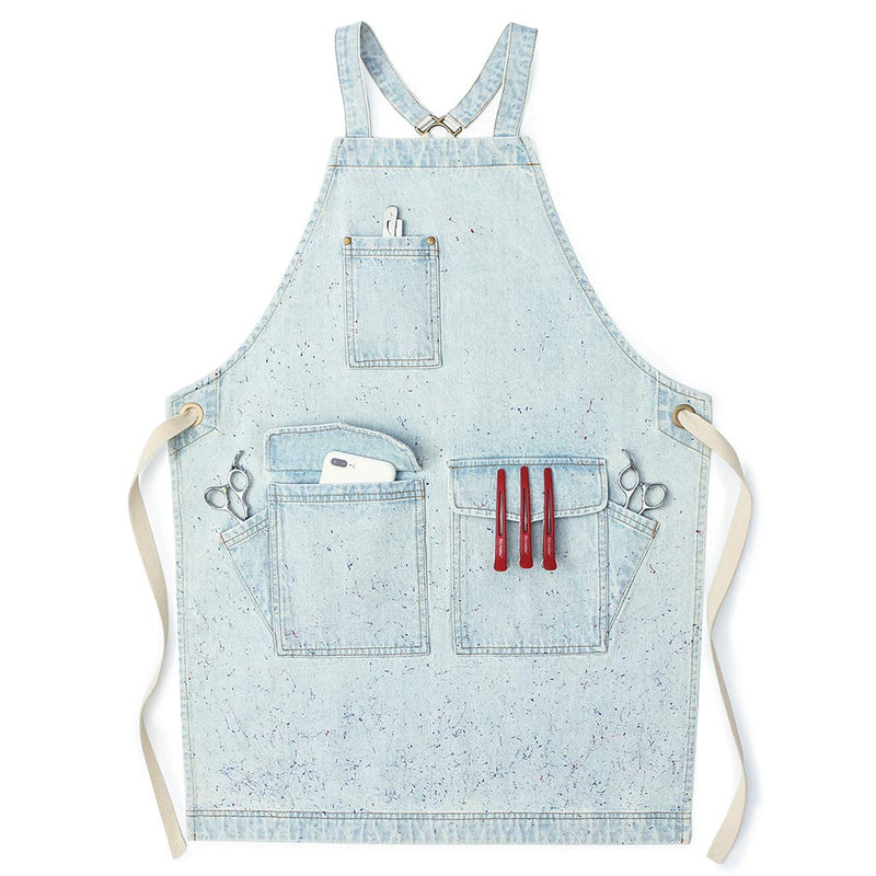 Jeanerlor - Denim Tool Shop Apron with 5 Pockets for Hairstylist with Pockets for Women Cross Straps & Adjustable S to M (Light Blue) Medium Light Blue