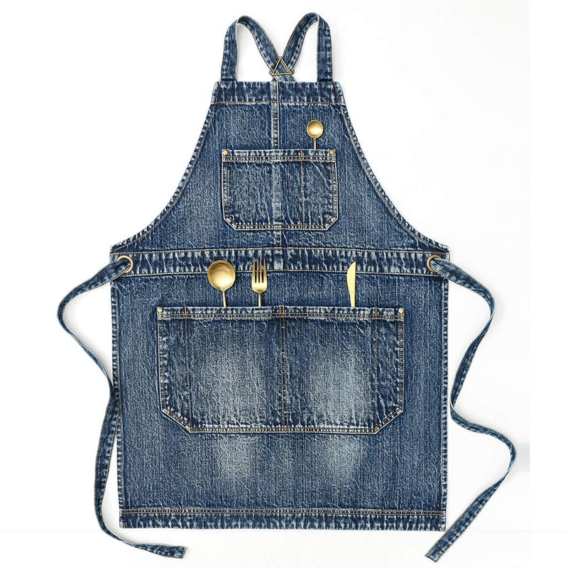 Jeanerlor Women's Cross Back Apron with Tool Pockets for Women Denim Work Teacher Aprons for Hair Stylist Cooking Kitchen (Blue) Adjustable S to M Medium Denim Blue