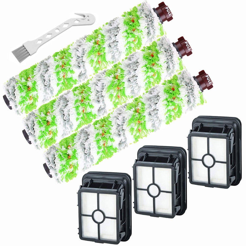 Smilyan Replacement Parts for Bissell CrossWave Pet Pro 2306A & CrossWave 1785 Series, 3 Pack 2460 Multi-Surface Pet Pro Brush Rolls + 3 Pack 1866 Vacuum Filters，Compare to Part 1613568, 1608684 3+3 GREEN