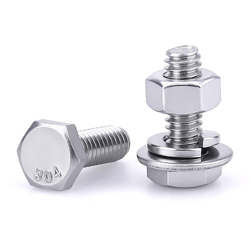1/4-20 x 3/4" (10 Sets) Stainless Steel Hex Bolts Screws with Nuts Flat Washers Lock Washers, 304 SS 18-8, Hexagon Head, Fully Machine Threaded, Bright Finish 1/4-20 x 3/4" 10