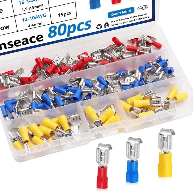 smseaces 80Pcs Insulated Piggy Back Spade Connectors 22-10AWG 6.3mm(1/4") Piggyback Wire Connectors for Automotive,Audio Systems,Household Appliances Double Spade Connector Insulated Connectors