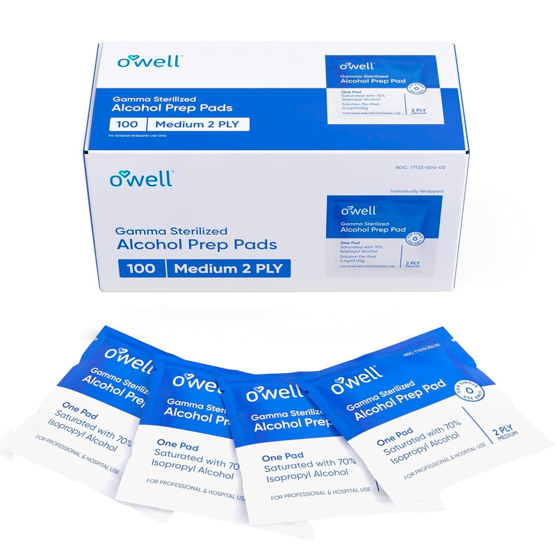 OWELL Alcohol Wipes, Individually Wrapped Alcohol Wipe, Medical & Professional Sterile Alcohol Prep Pads, Medium 2-Ply Medical Alcohol Pad for Cleaning Skin, First Aid Kit Alcohol Swabs (100 Count) Medium (Pack of 100)