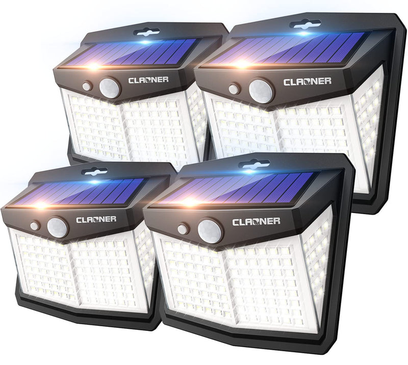 CLAONER Solar Lights Outdoor, [128 LED/4 Packs] Motion Sensor Lights 3 Working Modes for Outdoor with 270° Wide Angle Wireless IP65 Waterproof Security Light for Fence, Patio, Cold White 4 Packs