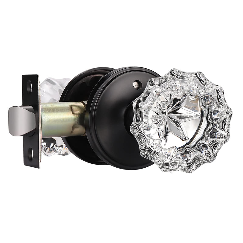 KNOBWELL Privacy Glass Door Knob Crystal Regency Fluted Door Knobset with Victorian Rosette in Matte Black, Bedroom Bathroom Door Knobs 2 Pack