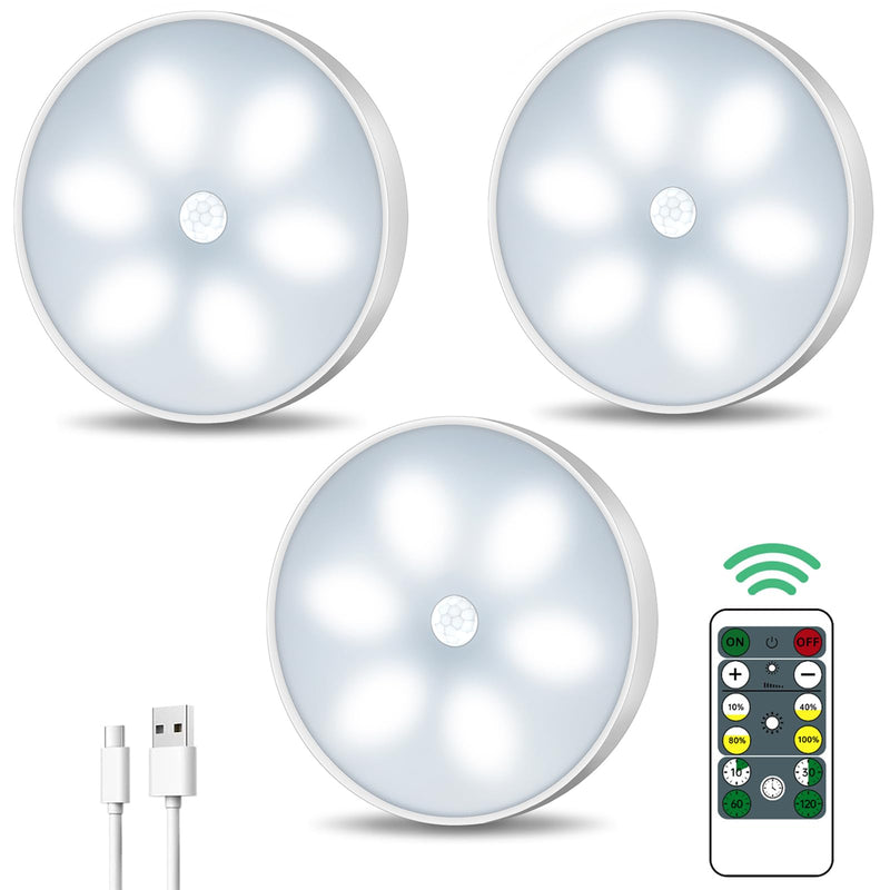 LED Closet Lights Wireless Motion Sensor Step Lights, USB Rechargeable Battery Operated Puck Lights with Remote, Dimmable Under Cabinet Lighting for Counter, Kitchen, Stairs (3 Pack) Cool White 3 Pack