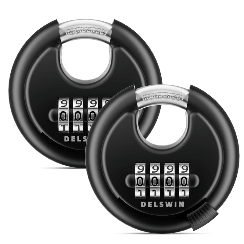DELSWIN 4-Digit Disc Combination Lock Outdoor - Heavy Duty Combination Padlocks with Hardened Steel Shackle Weatherproof Combo Locks for Gates,Sheds,Fence,Storage Unit (3/8" Shackle, Black,2 Pcs) Black 2Pcs