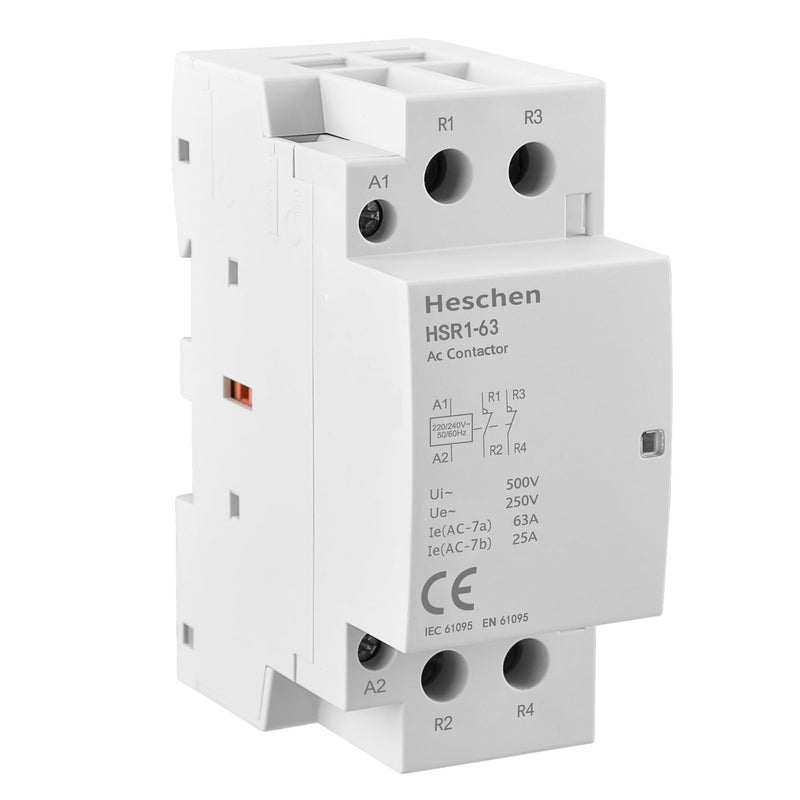 Heschen Household AC Contactor HSR1-63 2 Pole Two Normally Closed 220V/230V Coil Voltage 35mm DIN Rail Mount