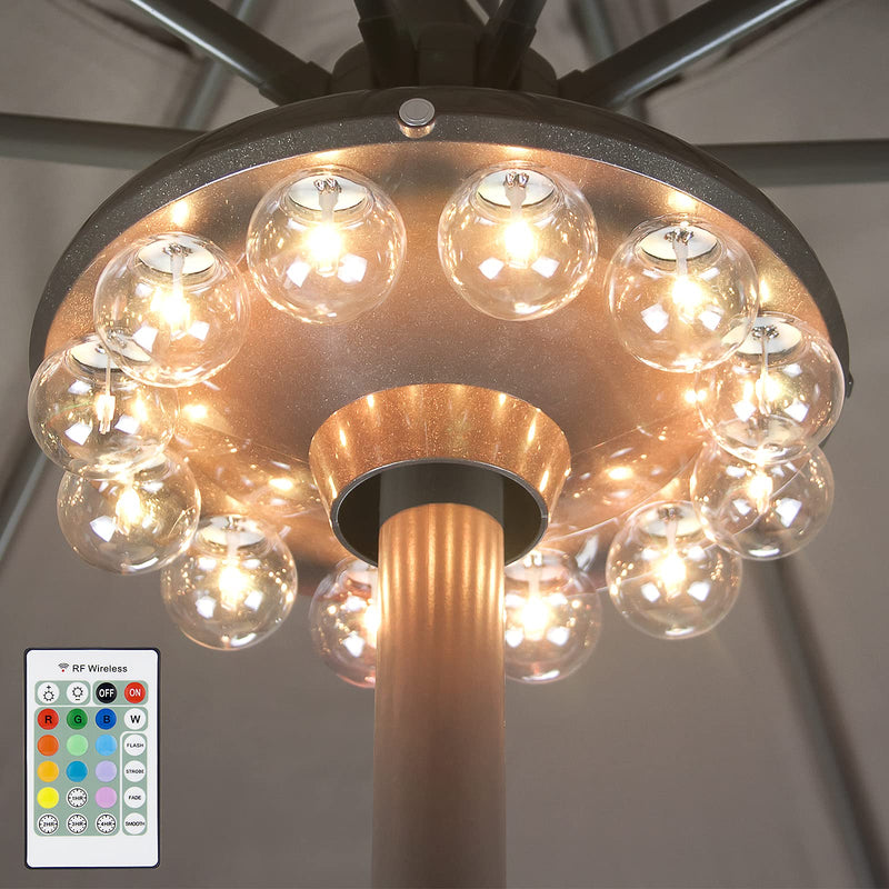 BIGMONAT Battery Operated Hanging Lights Outdoor Patio Umbrella Light RF Remote Control,12 Colors Changing Pole Light for Umbrella,Wireless Under Umbrella Lights Brightness Dimmable and Timer Bronze-clear Bulb