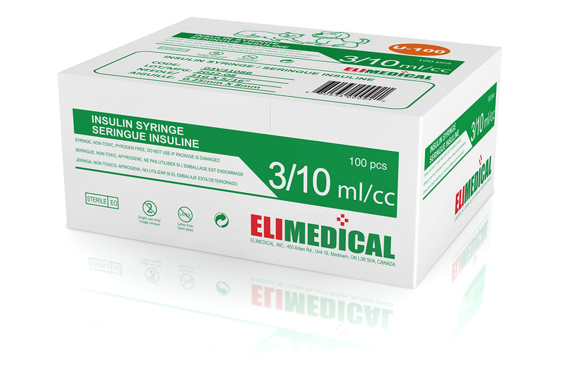 Veterinary Insulin Syringe U-100 0.3cc (ml), 31G x 5/16 inch (7.9mm), Individually Packed, for Pet Cat or Dog, 100 per box, 03V3108B