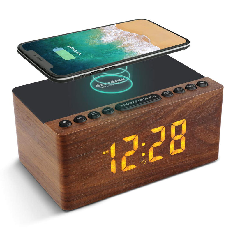 ANJANK Wooden Digital LED Alarm Clock FM Radio, Fast Wireless Charger Station for iPhone/Samsung Galaxy, 5 Level Dimmer, USB Charging Port, 9 Sounds, Sleep Timer for Bedroom, Bedside, Desk Brown