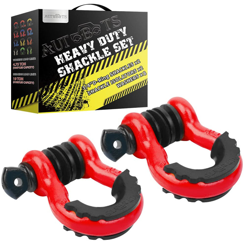 AUTOBOTS Shackles 3/4" (2 Pack), D Ring Shackle 45,000Ib Max Break Strength with 7/8" Pin & Isolator Washers Heavy Duty Clevis Tow Shackle for Tow Strap Jeep Vehicle Off Road Recovery Red-Black