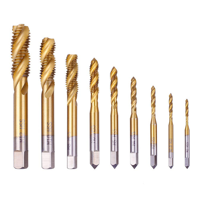 Rocaris 9 Pack of M2 M2.5 M3 M4 M5 M6 M8 M10 M12 Titanium Coated HSS Spiral Flute Metric Taps Set 9 Pcs
