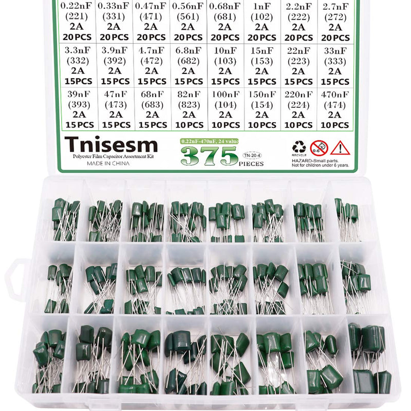 Tnisesm 375 Pcs 24 Value Metalized Mylar Polyester Film Capacitors Assortment Kit 0.22nF - 470nF 100V in a Box Tn-20-4