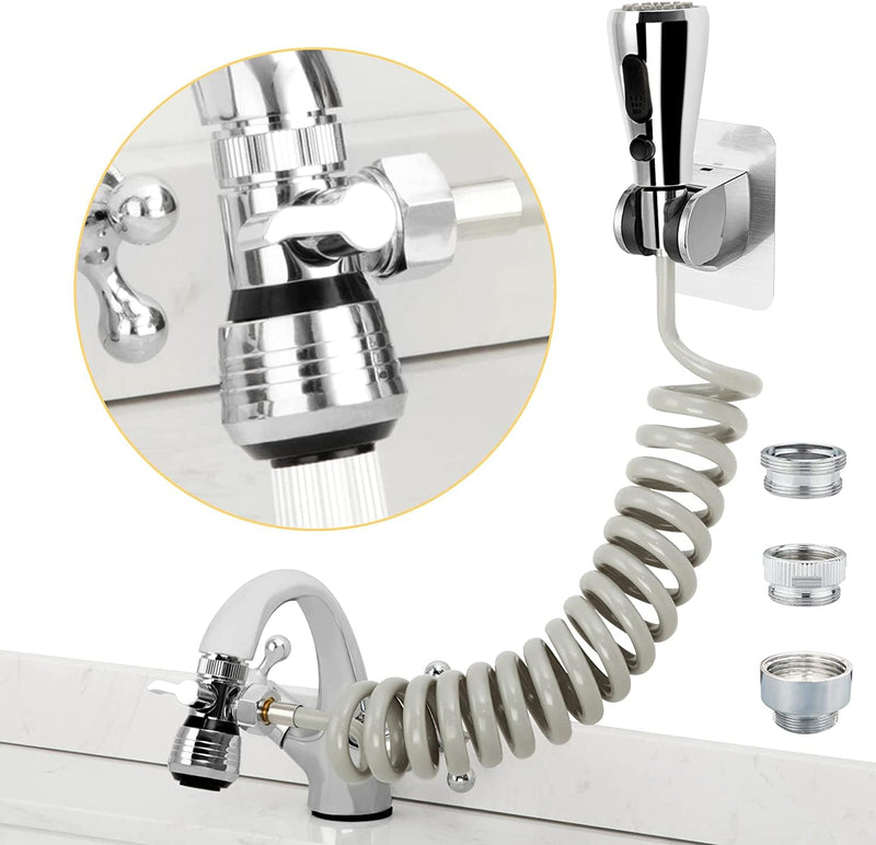 CECEFIN Kitchen Sink Sprayer Hose Attachment for Faucet, Kitchen Faucet Head Replacement w/ 79" Recoil Hose and Holder, Pressurized Water Saving Aerator & Diverter Valve, Faucet Sprayer Attachment Set F- Grey- ON/OFF Pause Sprayer