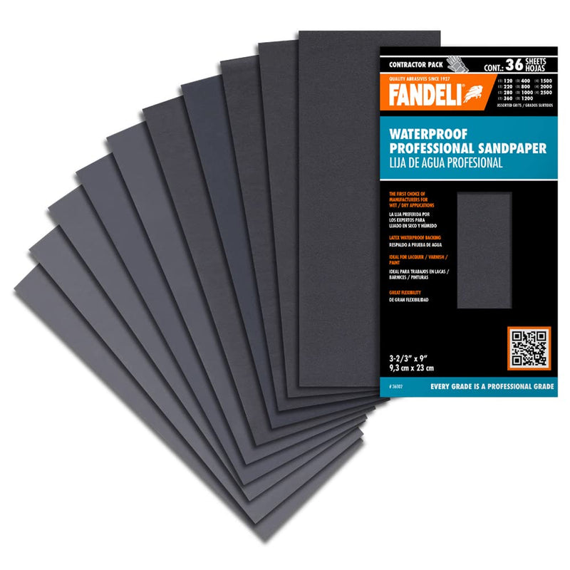 Fandeli | Waterproof Sandpaper | Assortment of Grits from 120 to 2500 | 36 Sheets 23 x 9,3 cm | for Car Polishing, Wood Furniture Sanding and Metal Sanding | Water Resistant 1