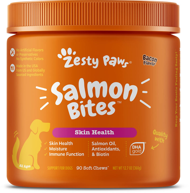Zesty Paws Salmon Fish Oil Omega 3 for Dogs - with Wild Alaskan Salmon Oil - Anti Itch Skin & Coat + Allergy Support - Hip & Joint + Arthritis Dog Supplement + EPA & DHA Bacon 90 Count (Pack of 1) - PawsPlanet Australia