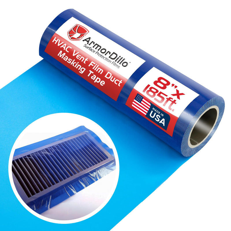 ArmorDillo Vent Film Duct Masking Tape - Temporary Register Sealing Tape for Air Ducts, Vents & HVAC - Blue Self-Adhesive Protection Film, High Tear & Puncture Resistance, UV Protection -8” x 185 8” x 185' Regular Tack Adhesive