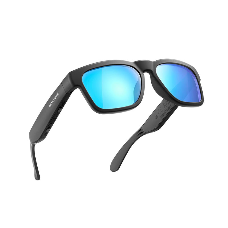 OhO Smart Glasses,Polarized Sunglasses with Bluetooth Speaker,Athletic/Outdoor UV Protection and Voice Control,Unisex(Mirror Blue Lens) Black Frame-blue Lens