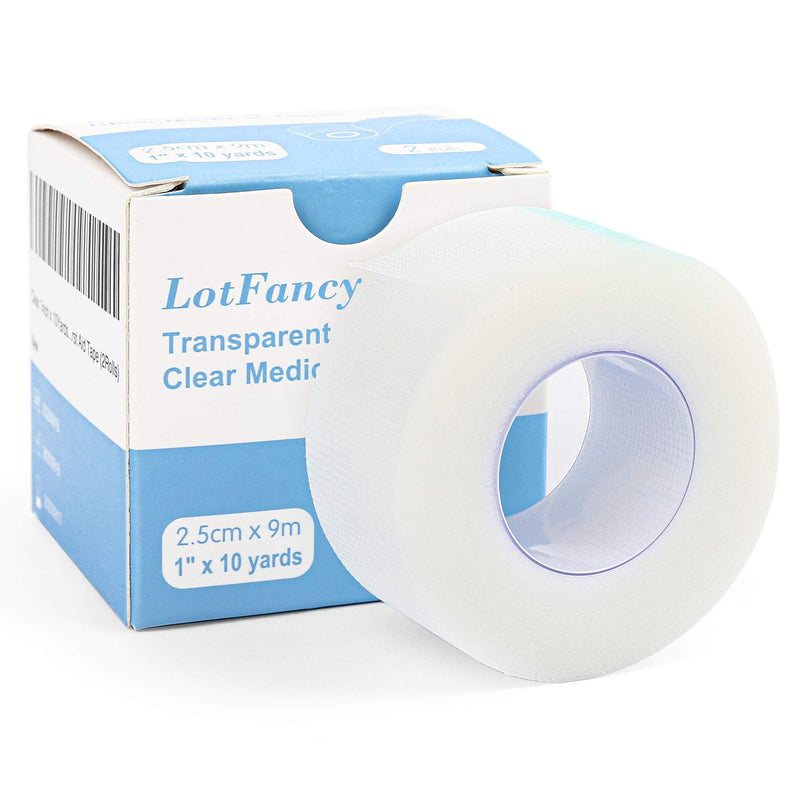 LotFancy Transparent Medical Tape, 2 Rolls, Adhesive Clear Hypoallergenic Surgical Tape, PE First Aid Tape for Wound, Bandage, 1inch x 10Yards, Sensitive Skin, Latex Free 2 Count (Pack of 1)