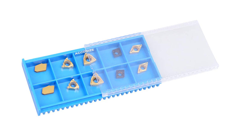 Accusize Industrial Tools 2 Pc of Each Kind of Carbide Inserts for 2988-0038, CVD Coated and Tin Coated, Total 10 Pieces, 2988-0038Inserts | 2 Each of 11ER, GTN-2, WCMT2.52, CCMT21.5, and DCMT21.5; TiN and CVD Coated for Steel, 2988-0038INSERTS