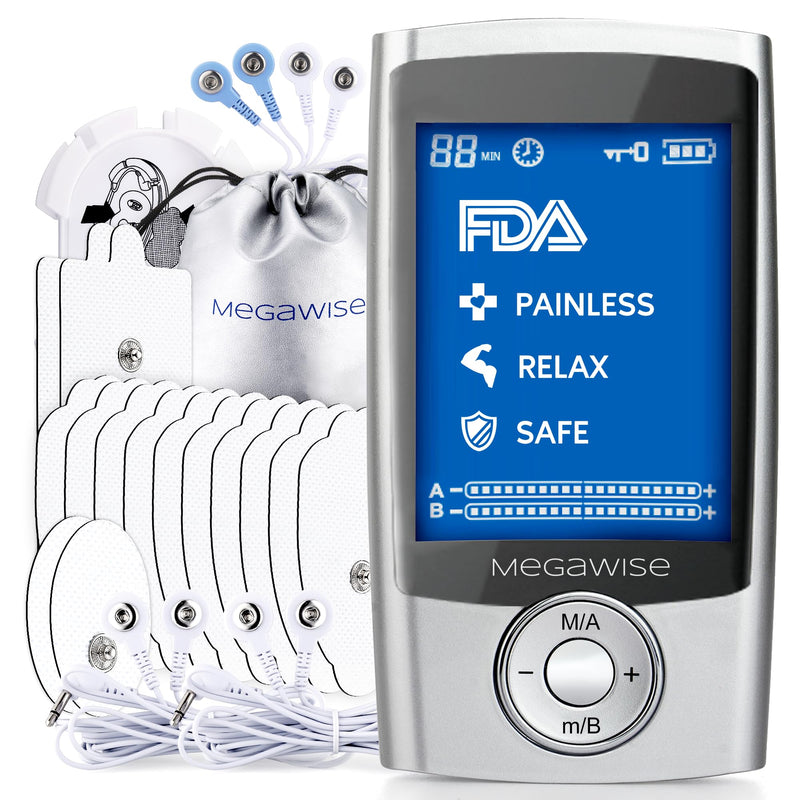 MegaWise 48 Modes（24 * 2）with 14 Premium Pads EMS TENS Unit, Muscle Stimulator for Back Pain Relief Therapy,Dual Chanel for Home use, Gift for Mum and dad Silver