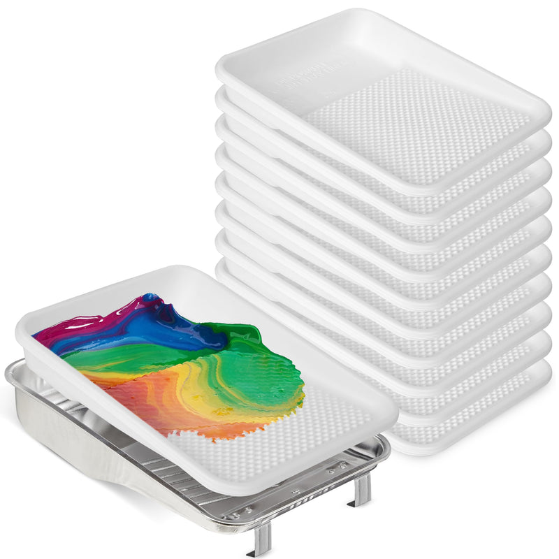 Paint Tray and Liner Set, Set Includes 9" Reusable Metal Pans Tray & 10 Pack of 9" White Plastic Paint Liners, Paint Roller Trays, Set for Household or Construction Use