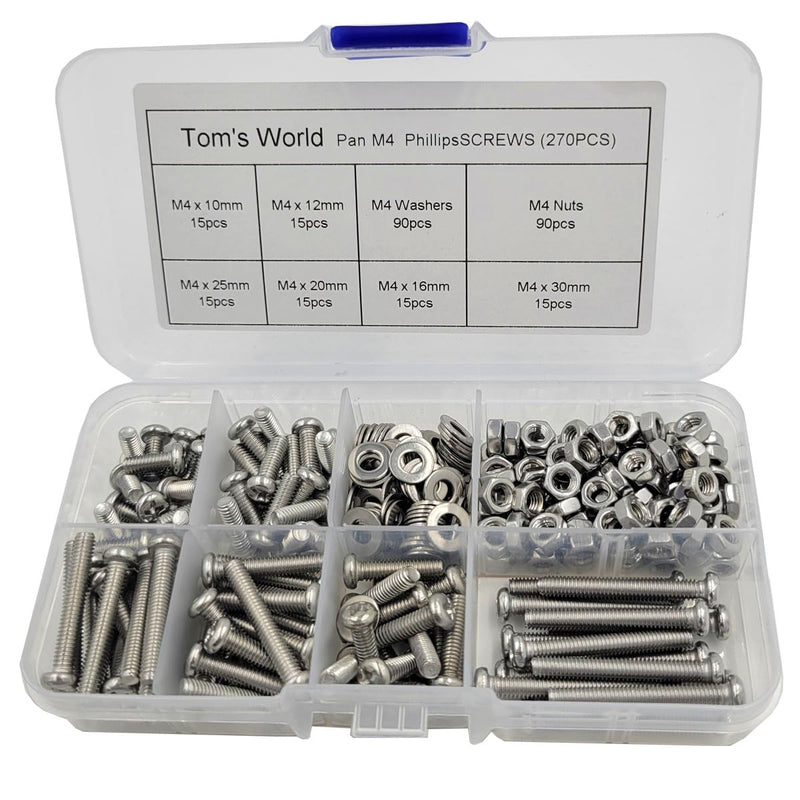 M4-0.7 x 10mm,12mm,16mm,20mm,25mm,30mm Pan Head Phillips Machine Screws,18-8 Stainless Steel Bolts Nuts Washers Screws Assortment Set (M4 Pan Head Phillips Screws) M4 Pan Head Phillips Screws