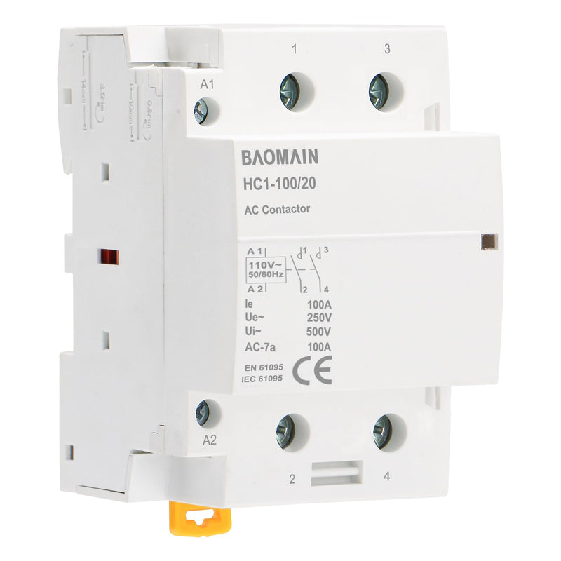 BAOMAIN 110V AC 2-Pole 100A Household Contactor, 2NO, DIN Rail Mount | HC1-100 /20,BCT-100 /20,100Amp 2 Normally open AC110V contactor for HVAC,motor,pump,and lighting control