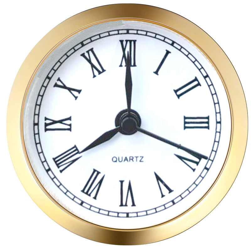 HILLHOME Mini Clock Insert 2.4 Inch (61 mm) Round Quartz Clock Fit-up Movement Miniature Clock White Dial Gold Tone Bezel Roman Numerals (Gold)