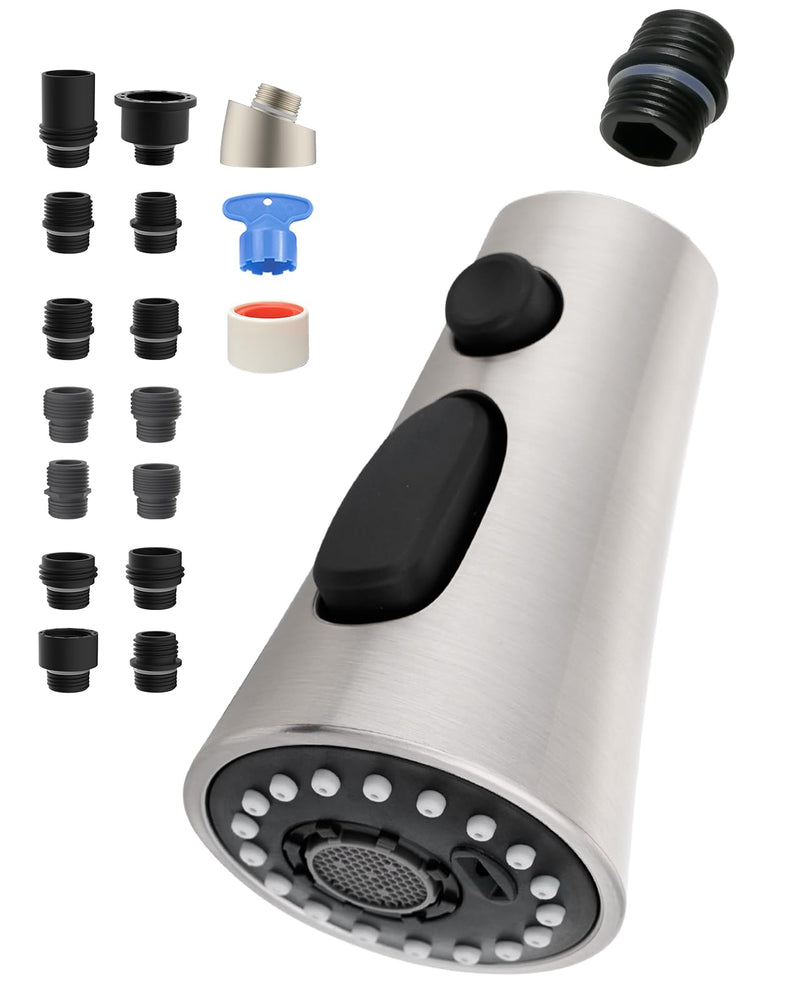 Kitchen Faucet Head Replacement with 15 Adapter Kit Compatible with American Standard/Kohler/Moen/Delta Faucets, 3 Function Pull Down Sink Faucet Spray Head, Brushed Nickel