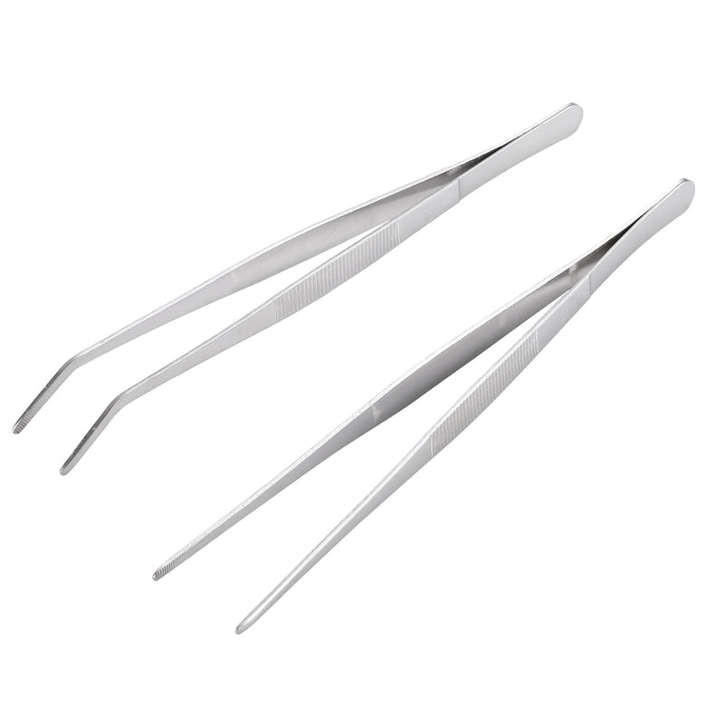 Miupoo Long Handle Stainless Steel Paint Straight and Curved Tweezers Nippers,Extra Long Precision Craft Tweezers Set with Serrated Tips,Silver,2 pieces,9.8Inches