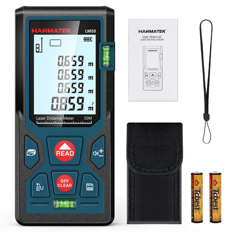 165ft/50m Laser Measure Ft/in/M Switching LM50 Laser Measurement Tool Devices with 2 Bubble Levels Distance Meter,Large Backlit LCD 165FT
