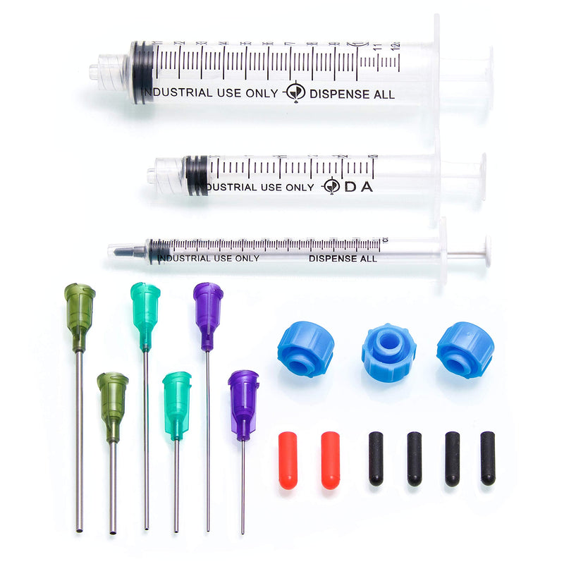 K2-3PK All-Purpose Industrial Syringe Kit - 1ml/3ml/10ml with 1 & 2 Inch 14, 18, & 21 Gauge Dispensing Tips, Syringe Caps and Tip Covers 3 Pack