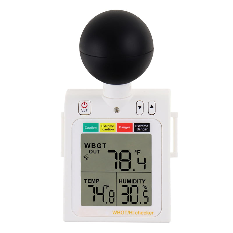 Wet Bulb Thermometer 2-in-1 WBGT + HI Heat Index Checker Heat Stress Meter, Wearable Indoor Outdoor Wet Bulb Globe Thermometer Humidity Tester with Four Level Indicator and Audible Alarm