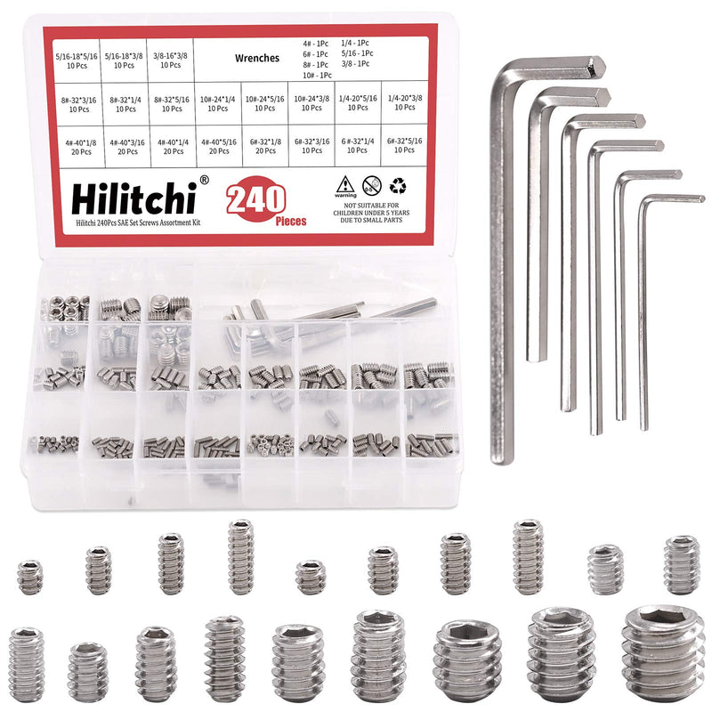 Hilitchi 240Pcs 19Sizes SAE Stainless Hex Allen Head Socket Set Screws Grub Screw Bolts Assortment Kit Internal Hex Drive Cup-Point Screws with 7 Hex Wrenches Silver - SAE - 240pcs