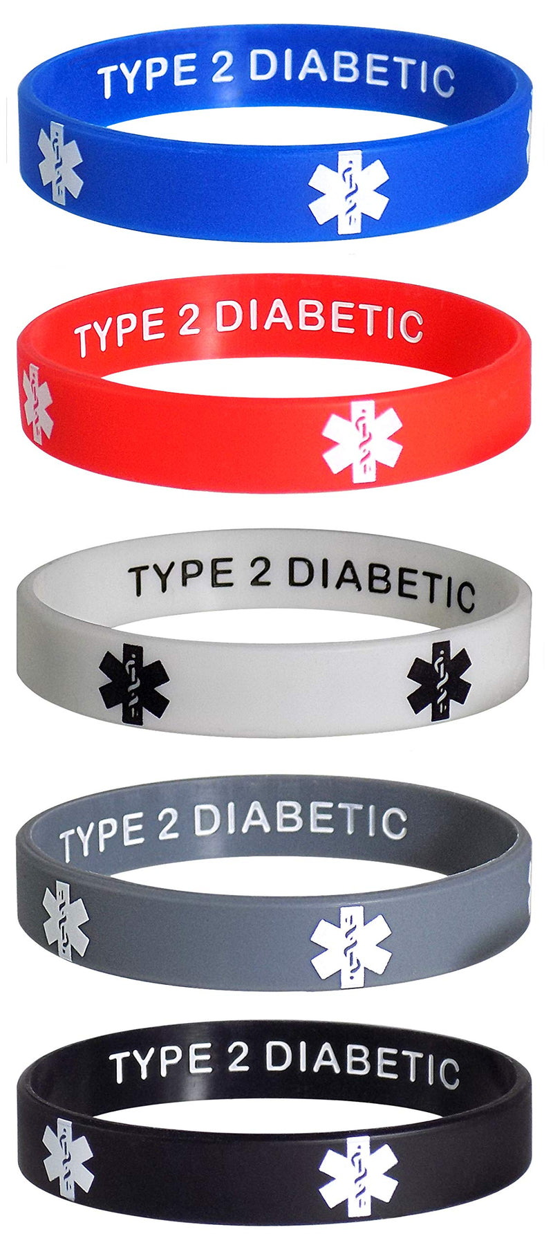 Type 2 Diabetic Discreet Medical Alert ID Silicone Bracelets Wristbands 5 Pack