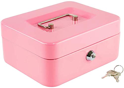 xydled Locking Steel Medium Cash Box with Removable Coin Tray and Key Lock,7.87"x 6.30"x 3.54",Pink Pink