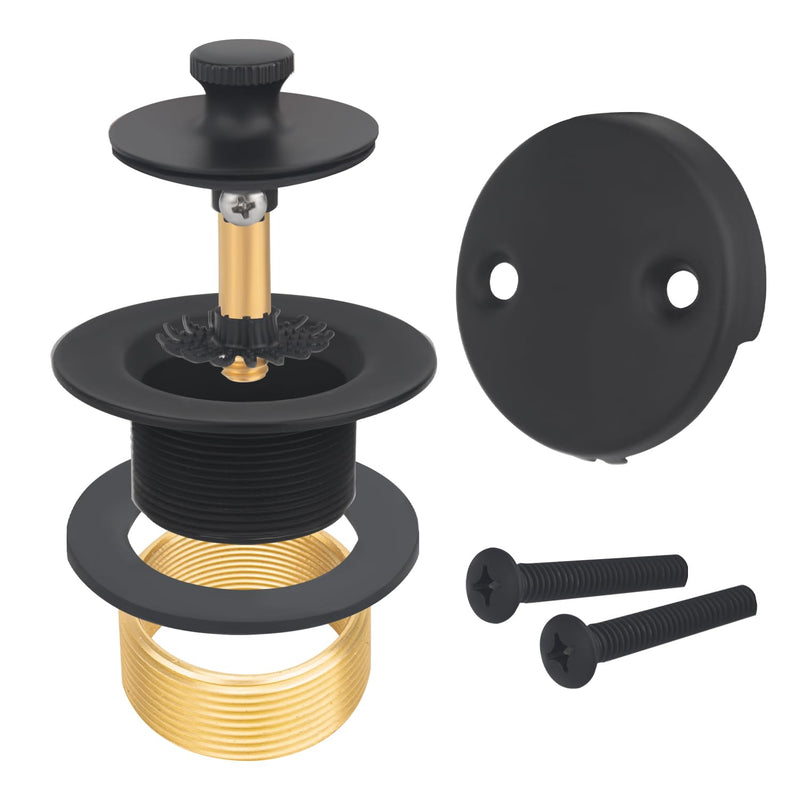 Matte Black Bathtub Drain Kit Assembly with Hair Catcher, Tub Drain Kit with 2-Hole Overflow Faceplate Conversion Kit, Premium Brass Lift and Turn Twist Tub Drains Replacement Trim Kit,Tub Stopper Matte Black